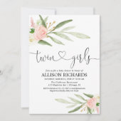 双子の女の子、緑の金ゴールドピンクのフローラのベビーシャワー 招待状 (正面)