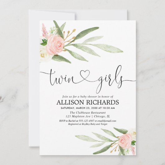 双子の女の子、緑の金ゴールドピンクのフローラのベビーシャワー 招待状 (正面)