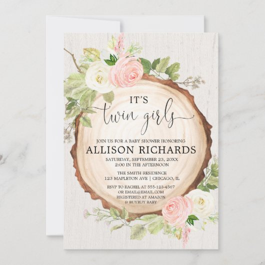 双子の女素朴の子のアウトドア女の子の双子の赤ちゃんシャワー 招待状 (正面)