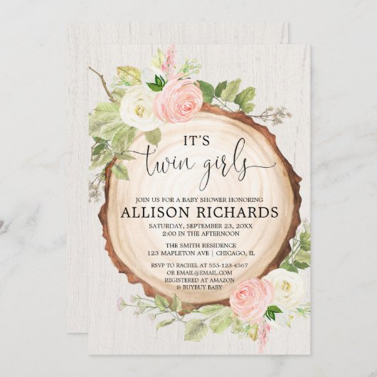 双子の女素朴の子のアウトドア女の子の双子の赤ちゃんシャワー 招待状 (正面/裏面)