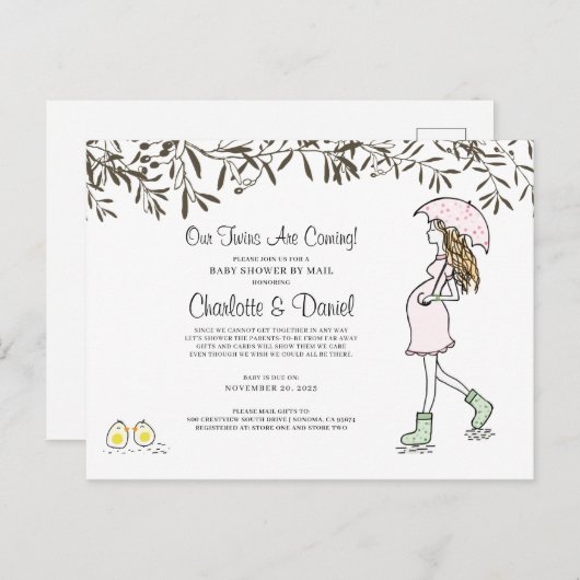 双子の妊娠した母と傘 インビテーションポストカード (正面/裏面)