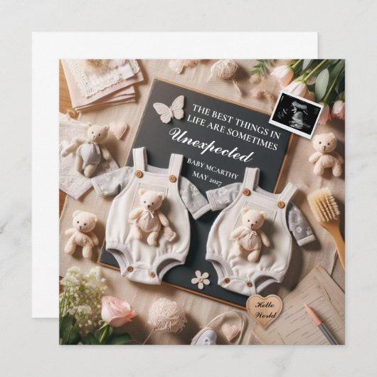 双子の妊娠の発表デジタルベビーの暴露 案内状 (正面/裏面)