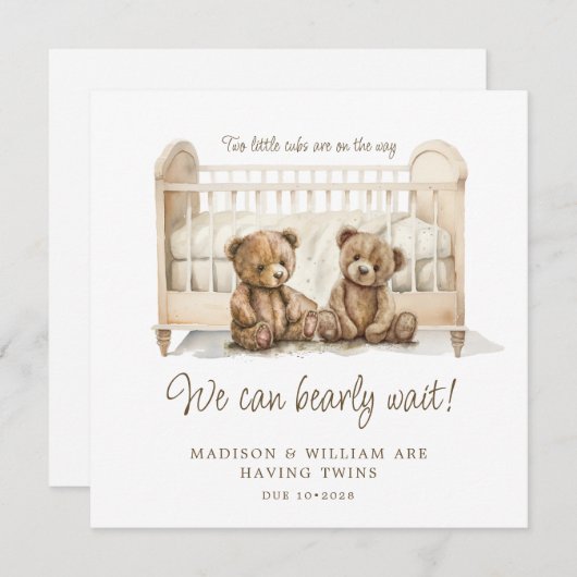 双子の妊娠の発表ニュートラルテディベア 招待状 (正面/裏面)