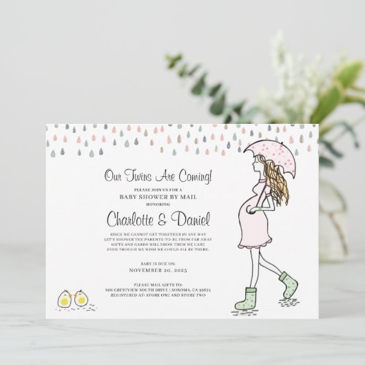 双子の妊娠中の母の傘の赤ちゃんシャワー 招待状 (スタンド正面)