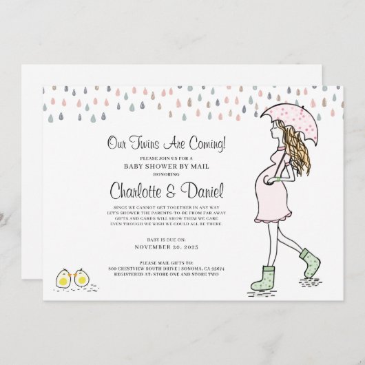 双子の妊娠中の母の傘の赤ちゃんシャワー 招待状 (正面/裏面)