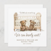 双子の妊娠報告 ニュートラルなテディベア 招待状 (正面/裏面)