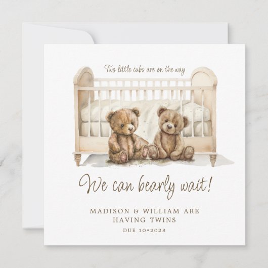 双子の妊娠報告 ニュートラルなテディベア 招待状 (正面)