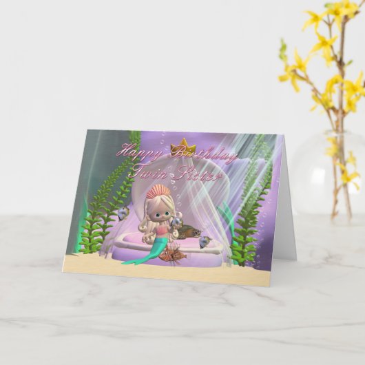 双子の姉妹の誕生日のカードと人魚の小さな カード (黄色い花)