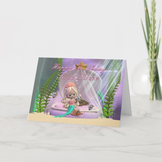 双子の姉妹の誕生日のカードと人魚の小さな カード (正面)