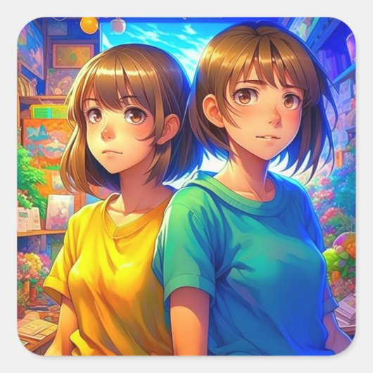 双子の姉妹 |アニメ女子 スクエアシール (正面)