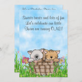 双子の子猫と花1歳の誕生日ネコ 招待状 (正面/裏面)