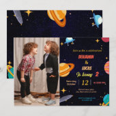 双子の宇宙兄弟の誕生日パーティー 招待状 (正面/裏面)