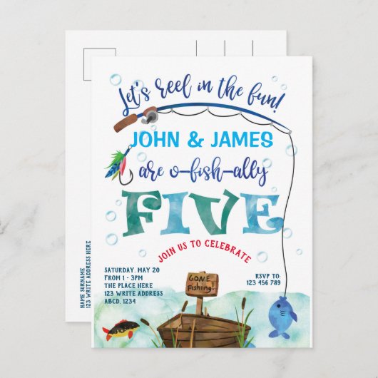 双子の小さな漁師がテーマを5番目の魚と同盟 インビテーションポストカード (正面/裏面)