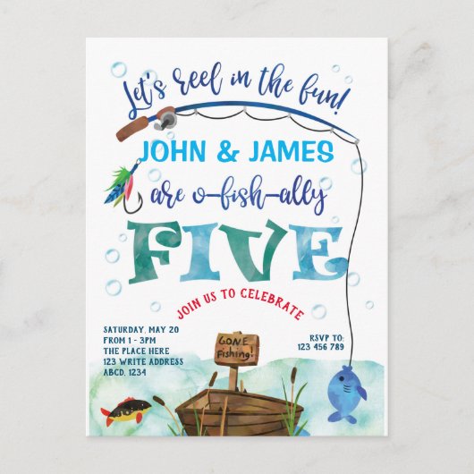 双子の小さな漁師がテーマを5番目の魚と同盟 インビテーションポストカード (正面)