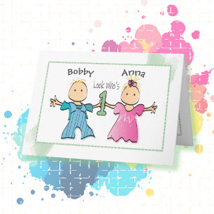 双子の少女と少年1歳の誕生日カーパーソナライズされたド カード