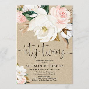 双子の少女、白いピンクの田舎のクラフトのベビーシャワー 招待状