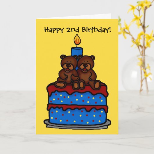 双子の少年がケーキの誕生日2 カード (黄色い花)