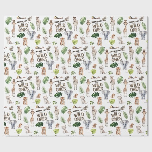 双子の少年たち1st誕生日ワイルドワンサファリジャングル ラッピングペーパー (フラット)