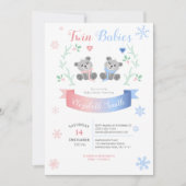 双子の少年と少女の可愛い子が冬のベビーシャワーを持つ 招待状 (正面)