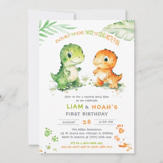 双子の少年のための恐竜の最初の誕生日招待状 招待状 (正面)