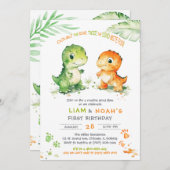 双子の少年のための恐竜の最初の誕生日招待状 招待状 (正面/裏面)