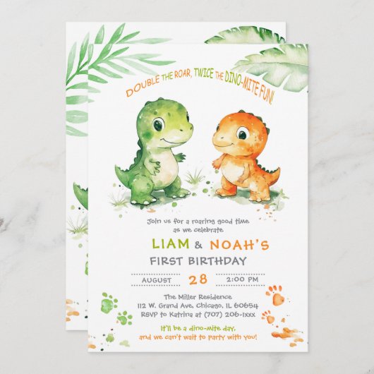 双子の少年のための恐竜の最初の誕生日招待状 招待状 (正面/裏面)