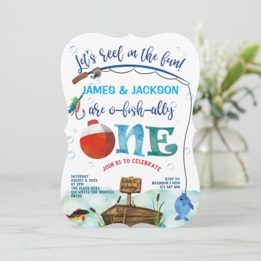 双子の少年の小さな漁師の魚釣りをテーマにした1st 招待状 (スタンド正面)