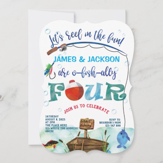 双子の少年の小さな漁師の魚釣りをテーマに4th 招待状 (正面)