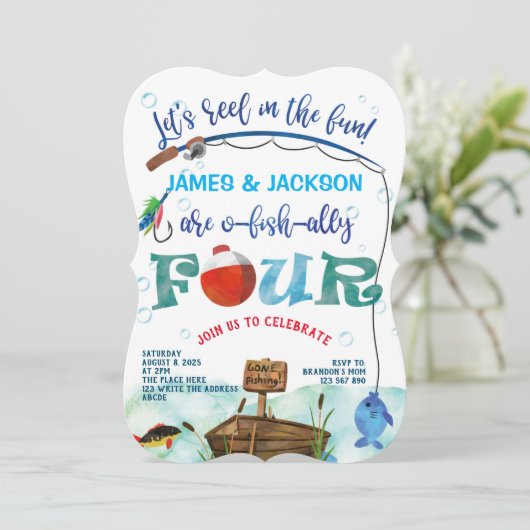 双子の少年の小さな漁師の魚釣りをテーマに4th 招待状 (スタンド正面)
