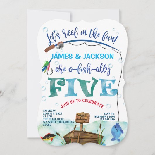 双子の少年の小さな漁師の魚釣りをテーマに5th 招待状 (正面)