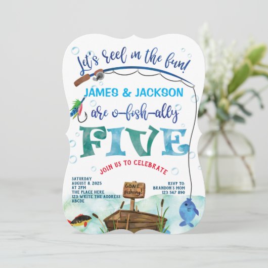 双子の少年の小さな漁師の魚釣りをテーマに5th 招待状 (スタンド正面)