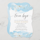 双子の少年の水色ベビーブルー金ゴールドグリッターシャワー 招待状 (正面/裏面)