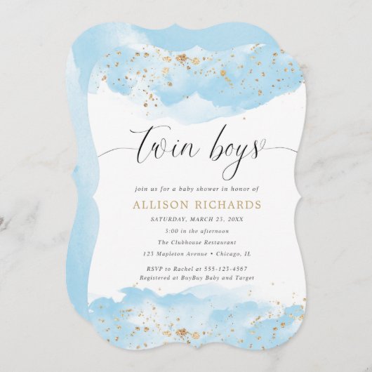 双子の少年の水色ベビーブルー金ゴールドグリッターシャワー 招待状 (正面/裏面)