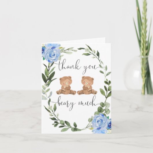 双子の少年の青いフローラテディは緑を生む サンキューカード (正面)
