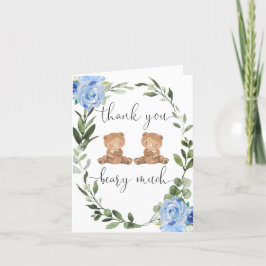 双子の少年の青いフローラテディは緑を生む サンキューカード