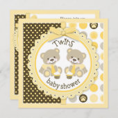 双子の少年テディベアーズがベビーシャワーを結ぶ 招待状 (正面/裏面)