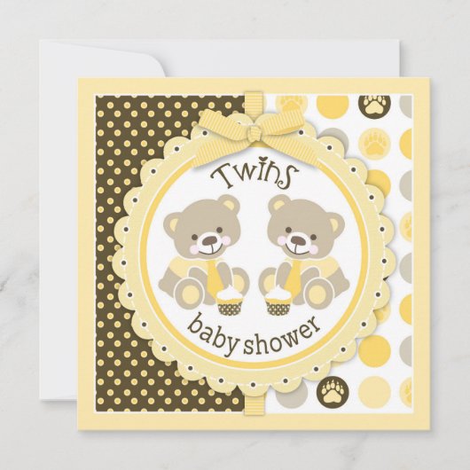 双子の少年テディベアーズがベビーシャワーを結ぶ 招待状 (正面)