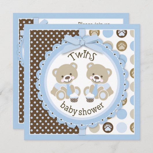 双子の少年テディベアーズがベビーシャワーを結ぶ 招待状 (正面/裏面)