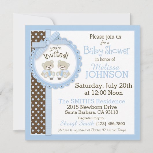 双子の少年テディベアーズがベビーシャワーを結ぶ 招待状 (裏面)