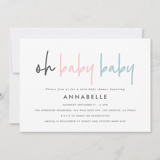 双子の性別が赤ちゃんシャワーのピンクの青を明らかにモダン 招待状 (正面)