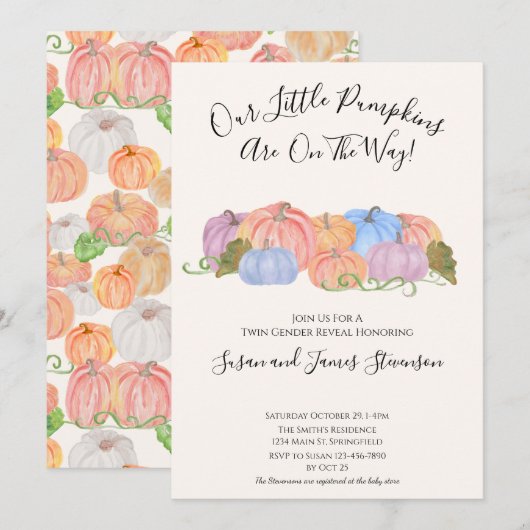 双子の性別発表パーティー　リトルパンプキンテーマ 招待状 (正面/裏面)