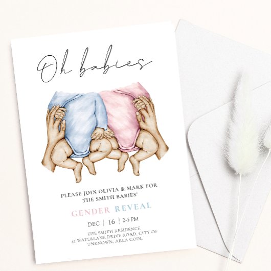 双子の性別発表 水彩 赤ちゃんの成長お知らせ招待状 招待状