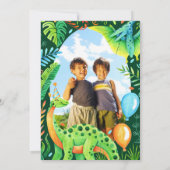 双子の恐竜の共同誕生日男子写真 招待状 (裏面)