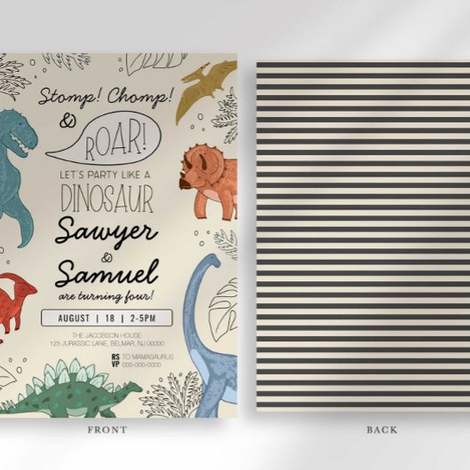 双子の恐竜誕生日招待状 招待状