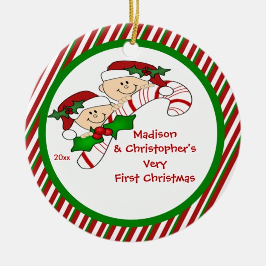 双子の最初のクリスマス オーナメント キャンディケーン (正面)