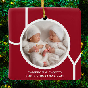 双子の最初のクリスマス カスタムフォト 赤 セラミックオーナメント