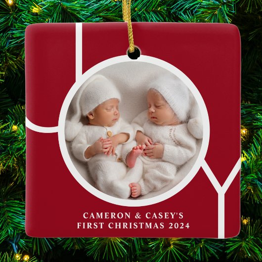双子の最初のクリスマス カスタムフォト 赤 セラミックオーナメント