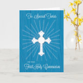 双子の最初のコミュニオンクロスとブルーウッドのレイ カード (黄色い花)