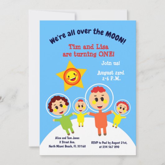 双子の最初の誕生日の宇宙飛行士のパーティの招待状 招待状 (正面)