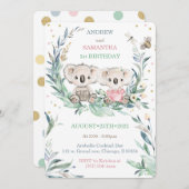 双子の最初の誕生日カードを負う 招待状 (正面/裏面)